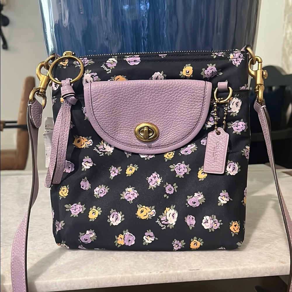 Coach Black and Purple Crossbody Bag with Floral Design